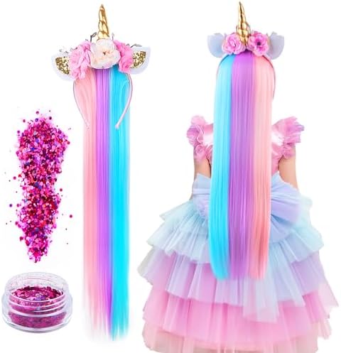 Girls Unicorn Headband with Glitter Wig and Integrated Hair for Parties