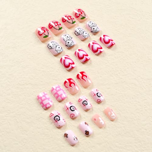 24 Pcs Short Square Pink Press on Nails with Heart Dice Cherry Glossy Design Set - Image 3
