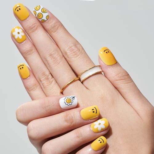 GLAMERMAID 24Pcs Yellow Floral Extra Short Squoval Gel Press On Nails Kit for Women - Image 4
