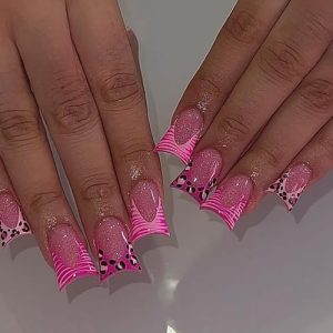 24 Pcs Cute Press on Nails Medium French RIICFDD Duck Fake Nails with Glitter Designs Rose Pink Full Cover False Nails Glossy Leopard Tips Stick on Nails for Women Girls Nail Art