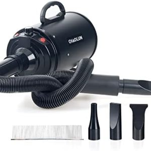 High Velocity Dog Dryer with Heater, Adjustable Speed, 3 Nozzles and Comb, Black