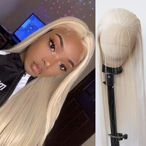 Platinum Blonde Synthetic Lace Front Wig Long Straight Lace Front Synthetic Wig Pre Plucked Natural Hairline Glueless Heat Resistant Fiber Hair Wig for Fashion Women (Platinum Blonde)