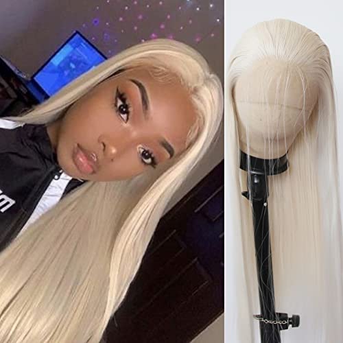 Platinum Blonde Synthetic Lace Front Wig Long Straight Lace Front Synthetic Wig Pre Plucked Natural Hairline Glueless Heat Resistant Fiber Hair Wig for Fashion Women (Platinum Blonde)