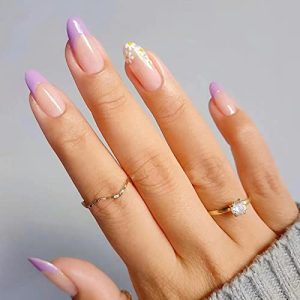 BABALAL Almond Press on Nails Medium Fake Nails Purple Glue on Nails 24pcs Stiletto Acrylic Nails Flower Stick on False Nails