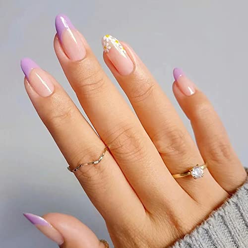 BABALAL Almond Press on Nails Medium Fake Nails Purple Glue on Nails 24pcs Stiletto Acrylic Nails Flower Stick on False Nails