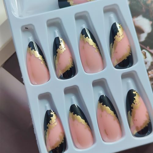 Black French Tip Press on Nails Medium Almond Fake Nails Glossy Full Cover Acrylic Nails with Gold Foil Designs Nude Pink Stiletto False Nails Full Cover Glue on Nails for Women Girls 24Pcs - Image 5