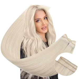 Ugeat Sew in Bundles Human Hair Blonde Weft Hair Extensions 18inch Blonde Hand Tied Weft Hair Extensions Double Weft 105G