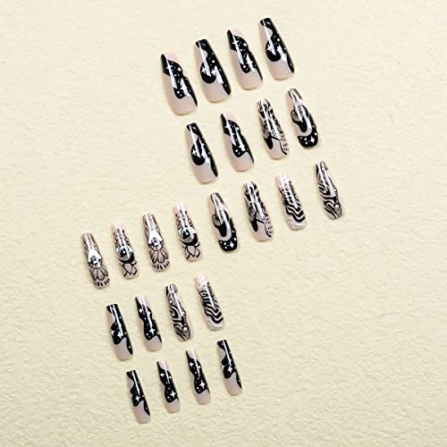 Square Press on Nails Long Acrylic Fake Nails with Black Eyes and Swirls Designs False Nails Abstract Glue on Nails Cute Artificial Nails for Girls Women 24Pcs - Image 5