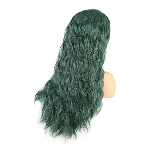 WeiSha Dark Green Wig For Women Long Wavy Synthetic Lace Front Wig Beach Wave With Natural Hairline Side Parting 13x4 Frontal Lace Wig Heat Friendly Fiber Viridian Green Wig 150% Density (24 Inches) - Image 5