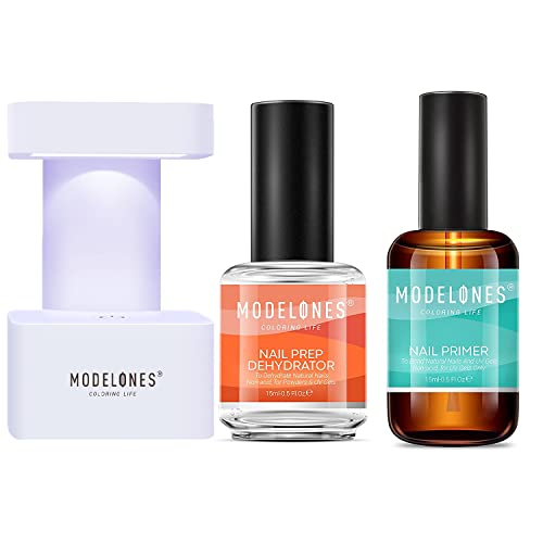 modelones Gel Nail Polish Primer, Acid Free Natural Nail Prep Dehydrate & Bond Primer with Mini U V LED Nail Lamp