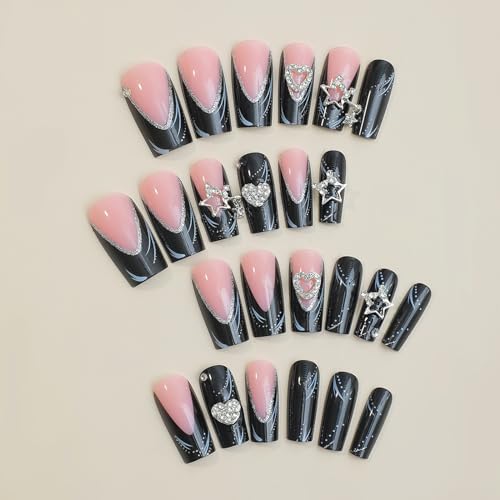 Black Nails French Tip Press on Nails Long Square Fake Nails with Valentines Day Designs Heart Star Charms Glitter Full Cover Acrylic Pink False Nails Medium Glue on Nails for Women and Girls 24Pcs - Image 4