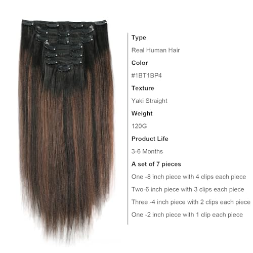 ABH AMAZINGBEAUTY HAIR Yaki Straight Clip ins Rooted Black Piano Natural Black #1B With Chocolate Brown #4 Two Tone Light Yaki Clip in Human Hair 12 Inch Yaki Clip ins for Black Women 120G Full Head - Image 3