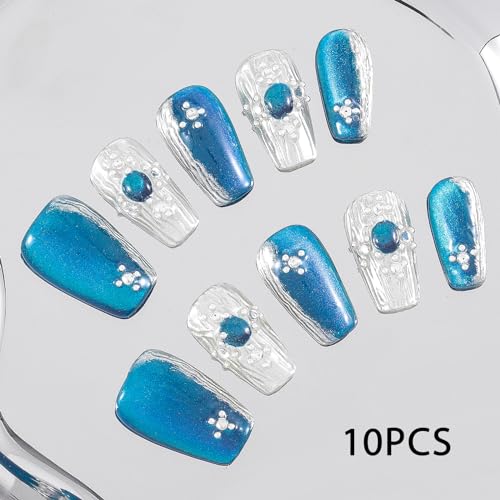 Sethexy Blue Handmade Press On Nails Medium Coffin Acrylic False Nails with Design Silver Glitter Fake Nails Glossy Salon Nail for Women and Girls 10PCS (Blue3) - Image 4