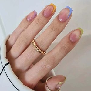24 Pcs Short Medium Square Press on Nails Full Cover Reusable Nude Pink Blue Green Yellow Design