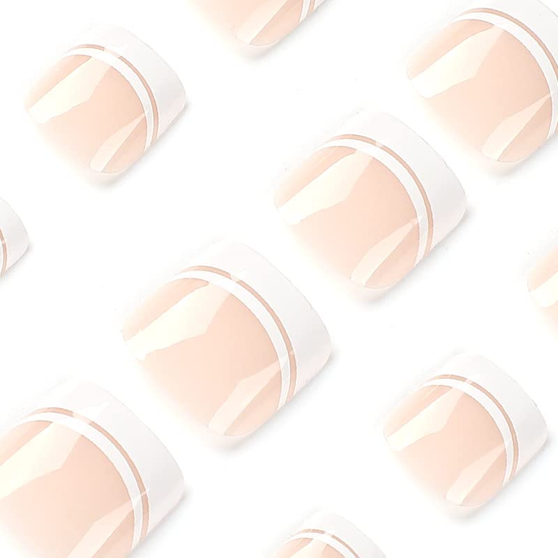 White Press on Toenails Short Square French Tips Fake Toe Nails Glossy Nude Pink Full Cover Acrylic False Toenails with Design Artificial Glue on Toenails for Women and Girls 24Pcs - Image 6