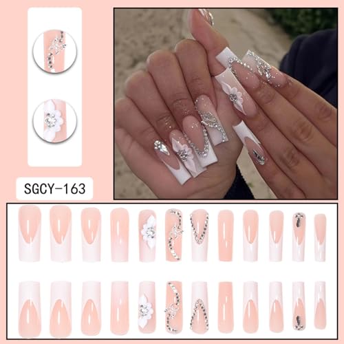 French Tip Nails Square Press on Nails Long Fake Nails with 3D Flowers White Nails Glossy Stick on Nails Full Cover Flower Butterfly Nail Charms Artificial Long Acrylic Nails for Women 24 PCS - Image 2