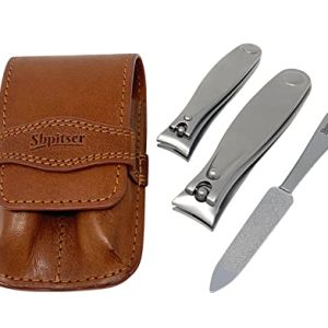 Manicure and Pedicure Set of Three Solingen Luxury TopInox Surgical Stainless Steel Tools, German Hand Sharpened Instruments Travel Set, Grooming Kit In Italian Leather Case (Brown)