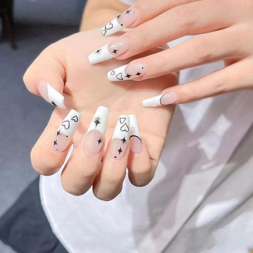 French Tip Press on Nails Long Coffin Fake Nails White Black Acrylic Nails Glossy Glue on Nails Winter False Nails Line Star Heart Stick on Nails with Design Artificial Finger Manicure for Women Girls - Image 6