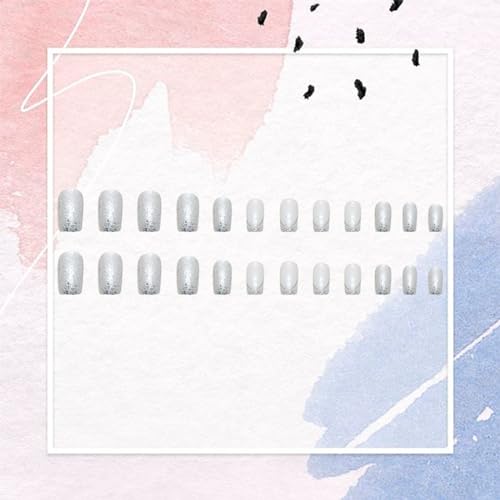 24 PCS French Tip Press on Nails Medium Square Fake Nails Silver Glitter Full Cover Glue on Nails Bling Sequins False Nails Reusable Artificial Nails for Women DIY Manicure Decoration Stick on Nails - Image 5