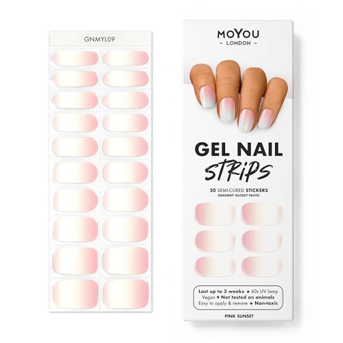 MOYOU LONDON Semi Cured Gel Nail Strips, 20 Pc. Gel Wraps for Nails, Get 1 Free UV Lamp When You Get 2 or More, Easy Apply & Remove for Salon-Quality Manicure - Pink Sunset