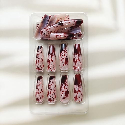 Long Press on Nails Halloween Coffin Fake Nails Full Cover Acrylic False Nails with Horror Blood Designs Glossy Red Stick on Nails Halloween Artificial Nails Glue on Nails for Women Girls Nail Decor - Image 6