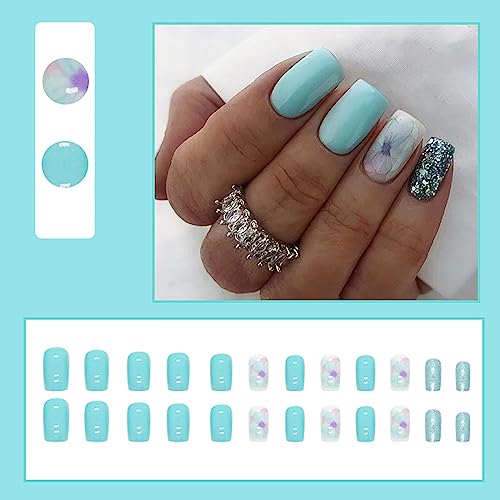 24Pcs Press on Nails Square Fake Nails Flower False Nails With Design Acrylic Glue on Nails Medium Length Blue Stick on Nails for Women and Girls - Image 6