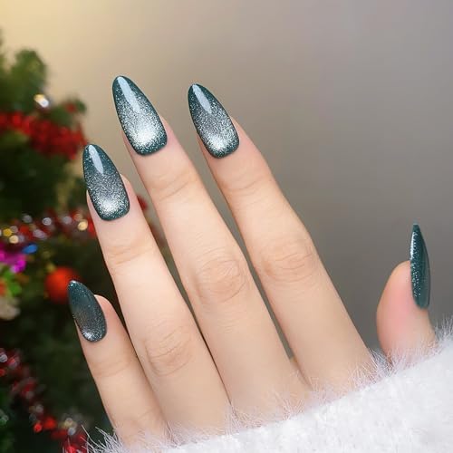 Medium Press On Nails Almond Fake Nails With Blue White Cat Eyes Designs Reuseable False Nails Acrylic Nails Press Ons Full Cover Glue On Nails Artificial Glossy Stick On Nails For Women - Image 5