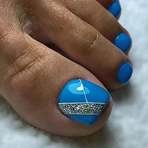 Press On Toenails Toe Tips Fake Nails Short Acrylic Blue Toe Nails Press On Fake Toenails French Tip Press On Nails Glitter Toe Nail Tip Square Stick On Nails False Toenails For Women 24pcs