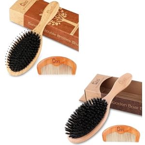 BLACK EGG Boar Bristle Hair Brush for Women Men Kid, Soft Natural Bristles Brush for Thin and Fine Hair, Restore Shine and Texture, Set includes Bamboo comb and 3 hair ties