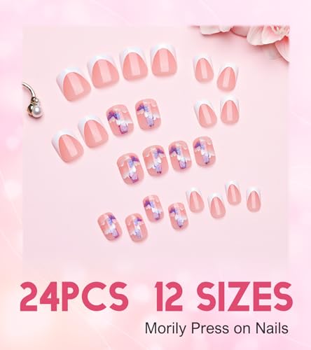 Morily 24 Piece Short French Tip Press on Nails Purple Butterfly White Cloud Design - Image 4