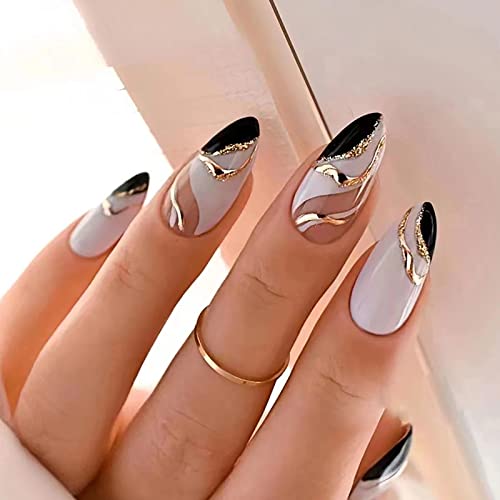 24 Pcs Blue Gold Swirl Almond Press-On Nails with Glue Included
