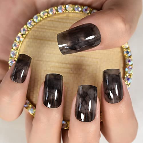 Ink Pattern Squoval Short Soild Color Black Color Press On Nails Salons At Home Daily Wear Reusable Manicure Datechable Fingernails Uv Gel Glossy Nail Tips Cute Lovely Cosplay Wear - Image 3