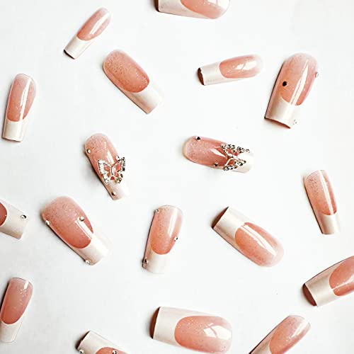 IMSOHOT Square Press on Nails Medium French Fake Nails Pearlescent Glossy False Nails Metal Silver Butterfly Rhinestones Squoval Full Cover Acrylic Nails Glue on Nails for Women 24pcs - Image 3