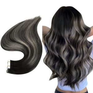 Full Shine 14 Inch Black to Silver Blonde Balayage Tape In Human Hair Extensions 50 Gram 20 Pieces