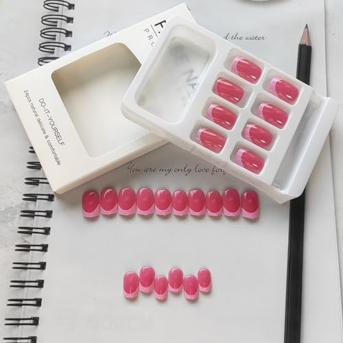 French Tip Press on Nails Square Fake Nails Pink Press on Acrylic Nails Glossy Square Glue on Nails Short False Nails with Designs Solid Color Stick on Nails Extra Short Static Nails for Women Girls - Image 2