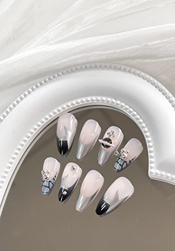 24 Pcs Y2K Press on Nails Medium Almond French Tip Fake Nails Full Cover False Nails with Stars Designs Glossy Glitter Acylic Nails with Planet Rhinestones Artificial Nails for Girls Women - Image 4