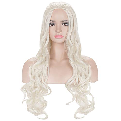 morvally Daenerys Dragon Queen Cosplay Wig for Khaleesi Long Curly Wavy Braids Hair Wigs for Women Costume Halloween Party(Light Blonde) - Image 4