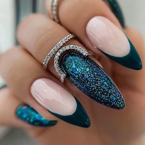 24 Piece Medium Almond Blue Glossy French Tip Press On Nails Glitter Design