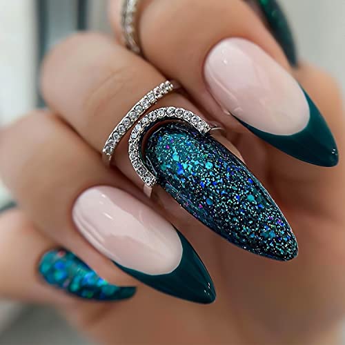 24 Piece Medium Almond Blue Glossy French Tip Press On Nails Glitter Design