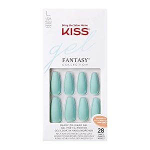 KISS Gel Fantasy Ready-to-Wear Press-On Sculpted Gel Nails, “Back It Up”, Long, Teal, High Arch Nail Kit with Pink Gel Nail Glue, Manicure Stick, Mini Nail File, and 28 Fake Nails