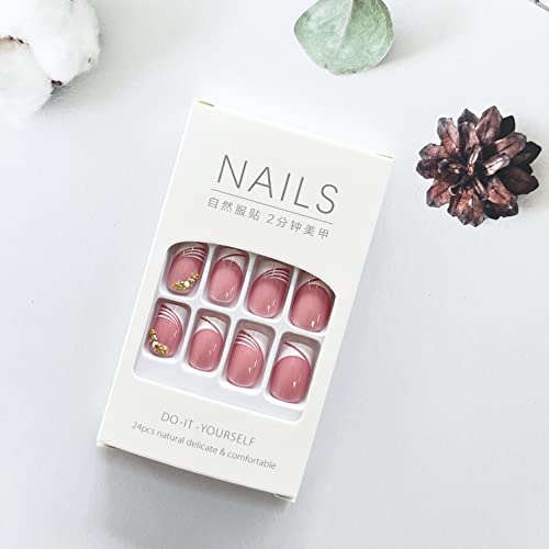 French Tip Fake Nails Short Square Press on Nails Cute Pink Glue on Nails with Rhinestones Designs Short French Acrylic Nails White Nail Tip Artificial Nails for Women Girls Nail Art Decorations - Image 5