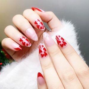 24 Pcs Valentine's Day Press on Nails with Pearl Designs, Medium Almond Shape Glossy Red Heart Fake Nails, French Tips False Nails Full Cover Acrylic Nails with Glue Stick on Artificial Fingernails