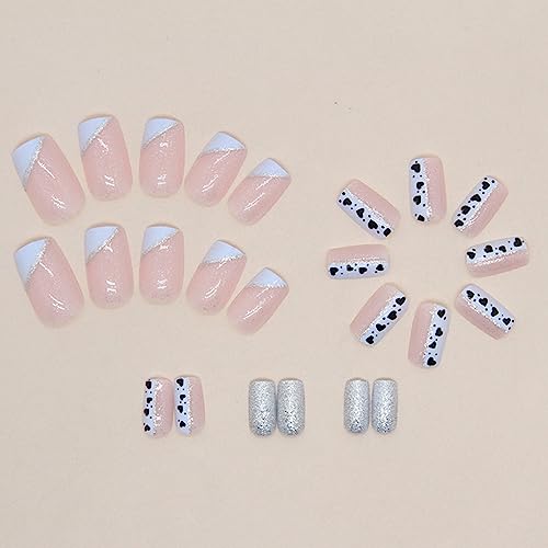 24 Pcs Nude Pink Press on Nails Medium Square - BHLFRH Cute Fake Nails Press ons Blue Oblique French Glitter Design False Nails Full Cover Glossy Acrylic Artificial Glue on Nails Art Tips Manicure - Image 3