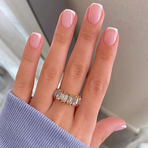 Press on Nails Short White French Tip Press on Nails Square Shape Fake Nails Glossy Pink Glue on Nails with White Tips Designs Cute Square French Stick on Nails Short for Women, 24Pcs