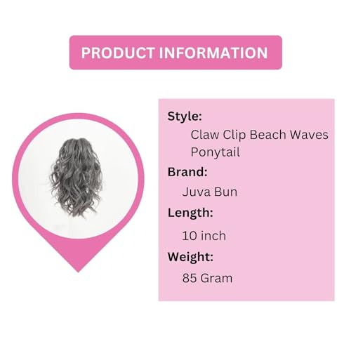 JUVABUN Claw Clip Beach Waves Ponytail Extension 10"-Salt and Pepper |Hair Extension Clips |Ponytail Extension Human Hair |Hair Extensions Washable Realistic And Synthetic Hairpiece | Salt and Pepper - Image 2