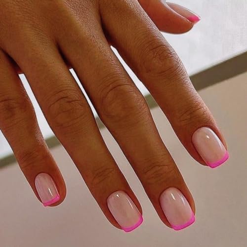 KQueenest Hot Pink French Tip Press on Nails Short Square,Natural Nude Gel Nails Press On,Durable Short Coffin Fake Nails Acrylic Stick On Nails with Design,Petite False Nails in 30 PCS - Image 3