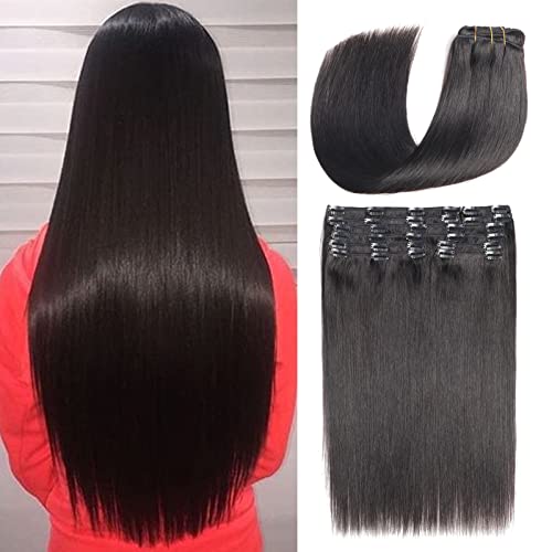 Full Head Straight Human Hair Clip ins Extensions for Black Women 16 Inch 200g Straight Human Hair Clip in Extensions 8A Unprocessed Brazilian Human Hair Real Soft and Silk Straight Hair Clip in Extensions Natural Black 10Pcs/Set with 32 Clips