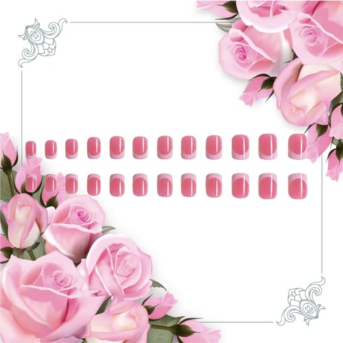 French Tip Press on Nails Square Fake Nails Pink Press on Acrylic Nails Glossy Square Glue on Nails Short False Nails with Designs Solid Color Stick on Nails Extra Short Static Nails for Women Girls - Image 4