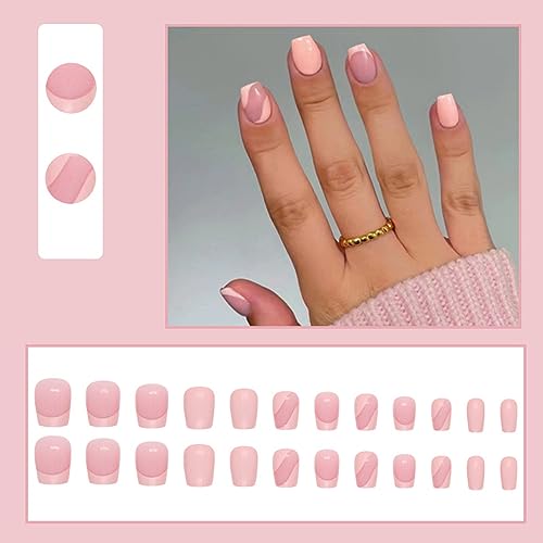24 Pcs Nude Pink Press on Nails Short Square Coffin Fake Nails Press ons French Ballet Glossy Pure Color Design Nail Tips Full Cover False Nails Stick on Nails Acrylic Nail Kit for Women Manicure - Image 2