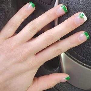 Green Shamrock French Tip Short Square Press On Nails for Women 24 Count